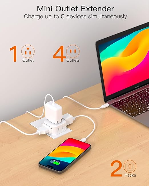 Multi Plug Outlet Extender 2 Pack, Wall Outlet Splitter with 5 Wall Outlets, Small Multiple Plug Extender, Cruise Essentials, Outlet Adapter No Surge Protector for Cruise Ship Home Office Dorm Room