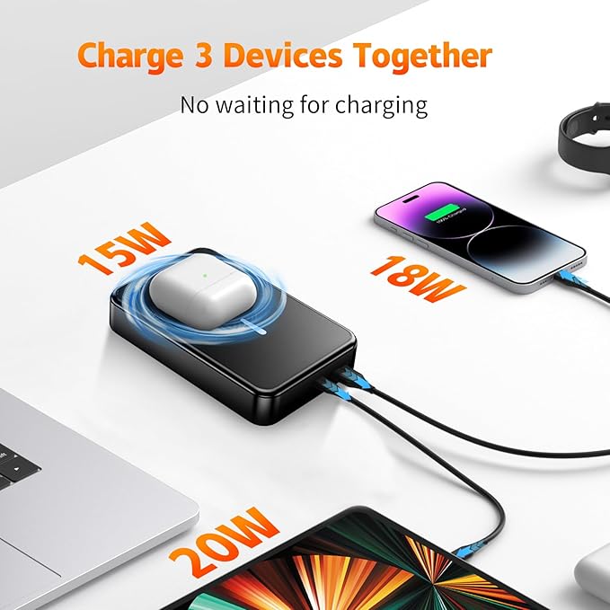 26800mAh Magnetic Power Bank, Mag-Safe Compatible Wireless Portable Charger, Aluminum Alloy, Large Capacity 20W Fast Charging USB-C, Travel Essential, for iPhone 17Air/16/15/14/13/12 Series, Black