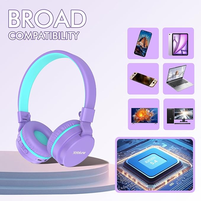 Kids Bluetooth Headphones,Lightweight Kids Headphones Wireless,85/94dB Safe Volume,40H Playtime,Fast Charging,Bluetooth 5.3,Over Ear,Toddler Headphone Built-in Mic for School/Tablet/Travel (Purple)