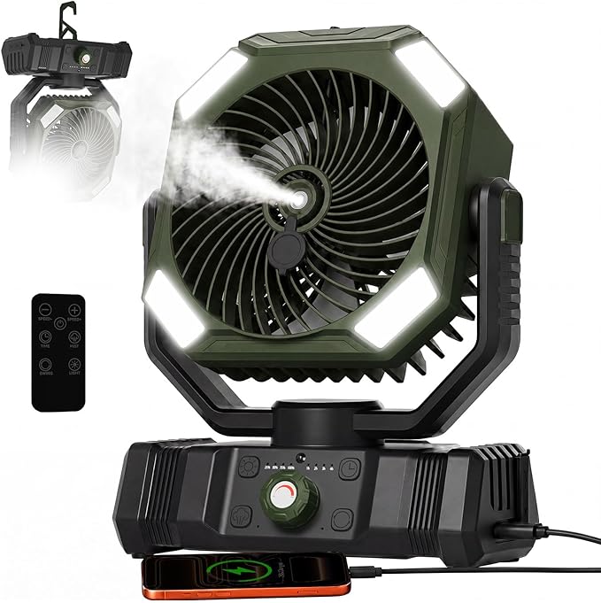 USONE Misting Fan, Portable Camping Fan Rechargeable, 20000mAh Battery Powered Fan for Camping with Light, Remote & Timer, Hanging Tent Fan with Hook for Outdoor fishing, Travel, Work,Olive Green