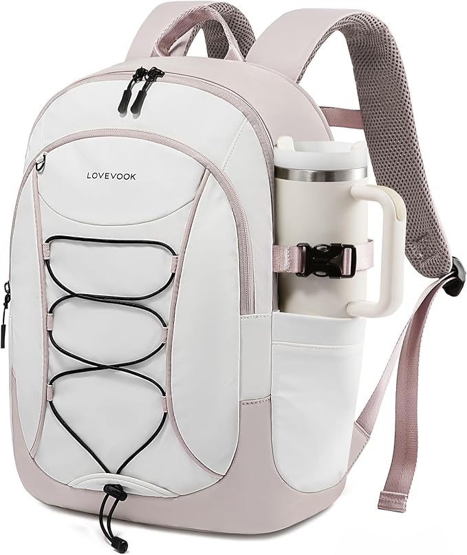 LOVEVOOK Mens Backpack with Giant Tumbler Holder Pocket,15.6 Inch Everyday Laptop Backpack Commuter Travel Work Computer Bag for Women,Casual Hiking College Teacher Back Pack Daypack,White-Beige Grey