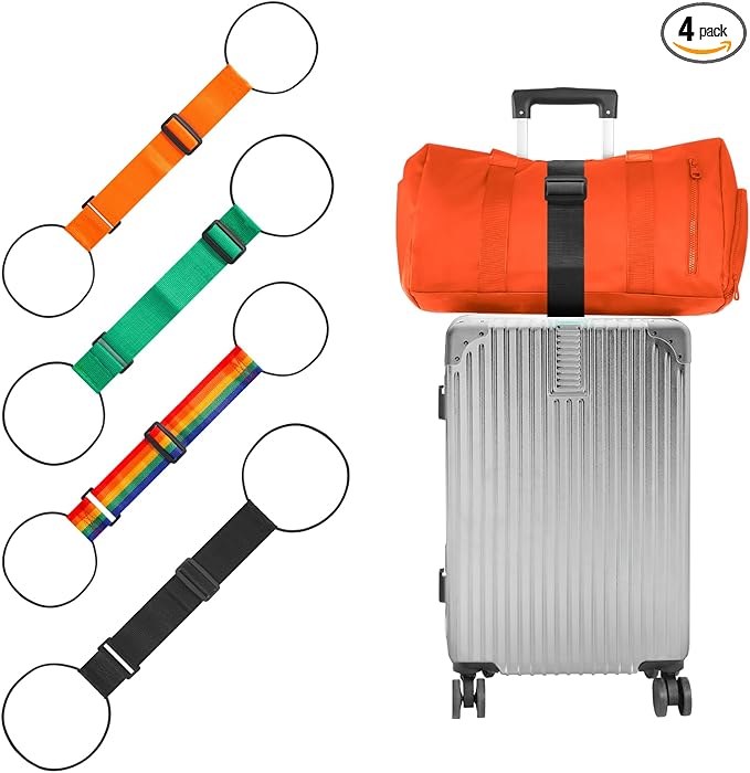 BILIONE Add a Bag Luggage Straps 4 Pack, Adjustable Bungee Elastic Belt to Connect Two Suitcases, Secure Carry On & Travel Essentials (Orange+Green+Rainbow+Black)