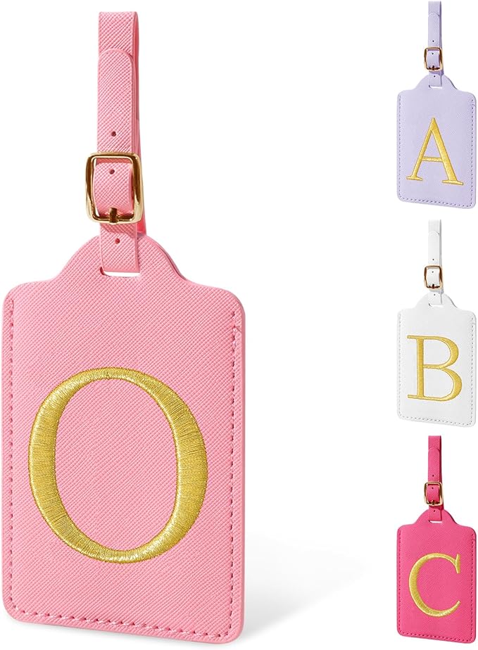 Personalized Initial Luggage Tags for Suitcase, Pink Leather Cute Luggage Tags with Privacy Cover Name Card, Embroidered Custom Monogrammed Luggage Tag Travel Bag Baggage Tags Gifts for Women Kids(O)
