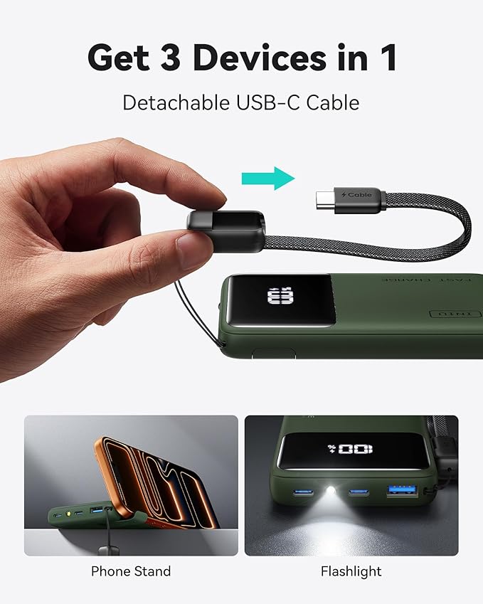 INIU Ultra Compact Portable Charger, 10000mAh 45W Fast Charging Power Bank with Detachable USB-C Cable & Stand, Flight-Safe Travel Battery Pack for Business Trip, Hiking, Cycling, Outdoor, Green