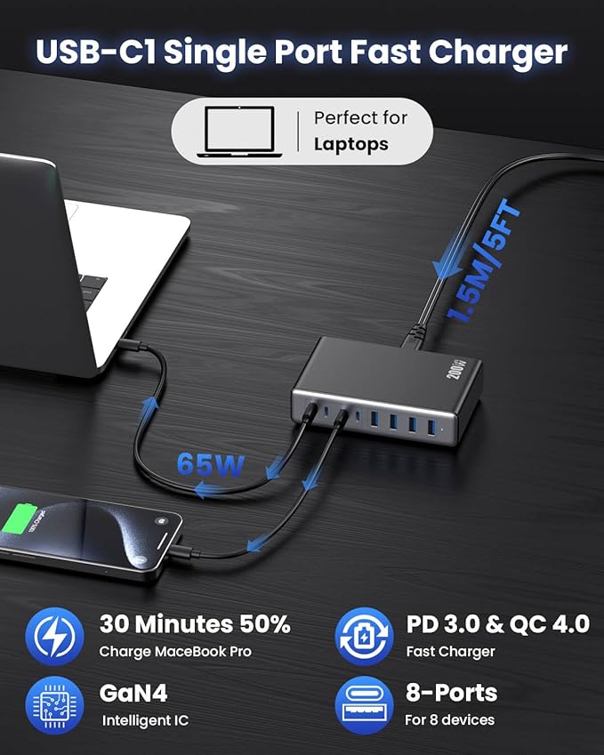 USB C Charger 200W USB C Charger Block,Upgraded GaN III 8-Port Fast Charging Station Hub,PD 65W Laptop Charging Adapter Compatible with MacBook Pro/Air,DELL,Steam Deck,iPhone 16/15/14,Galaxy S23/22