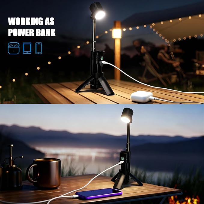 Telescopic Camping Light, Portable Rechargeable Camping Lantern, Outdoor Adventure Emergency Flashlight, Waterproof LED Camp Lamp with Magnetic (Black)