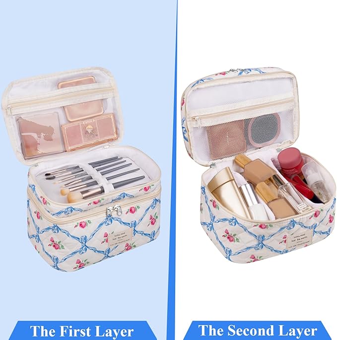 Gosect Makeup bag, Large Cosmetic Bag for Women Girls, Cute Quilted Makeup Bags, Floral Coquette Aesthetic Toiletry Bag, Travel Make Up Organizer Bag (Blue Bow)