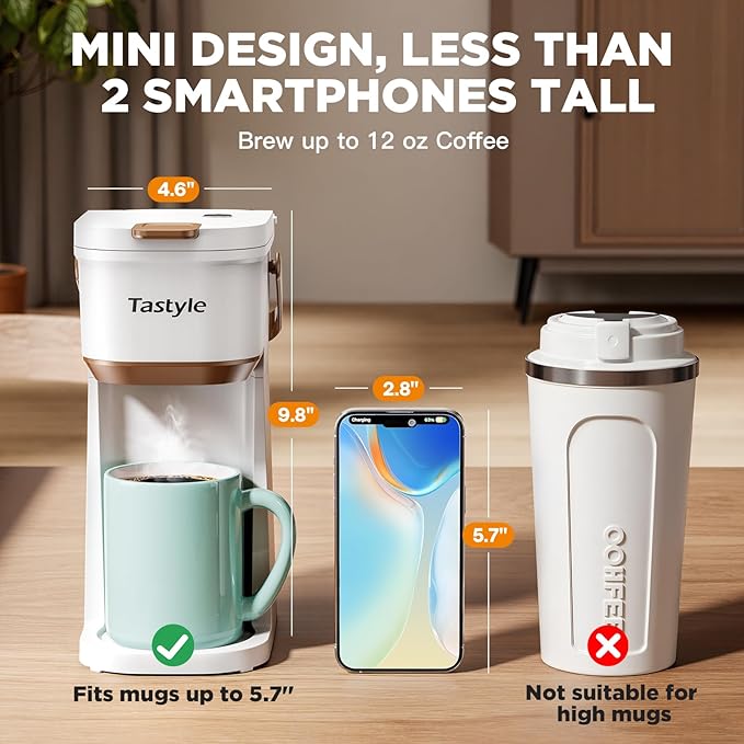 Tastyle Single Serve One Cup Coffee Maker, for K Cups and Grounds, Mini Coffee Maker with Portable Handle, 6 to 12 Oz Brew Size, for Travel, Camping, Office, RV and Dorm, 120V, White and Brown