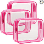F-color TSA Approved Toiletry Bag 3 Pack Medium - Clear Makeup Bag Travel Quart Size for Women Men, Clear Cosmetic Bag Airport Airline Compliant Carry on Bag, Rose Red
