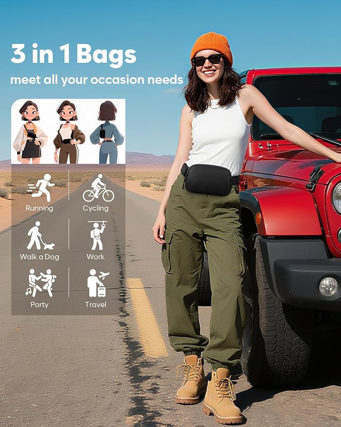 Pritent Fanny Packs for Women Cross Body Bag Waterproof Belt Bag with Adjustable Strap and Zipper Back Pocket Small Crossbody Bags Fashion Waist Packs for Workout Travelling(Black, Large)