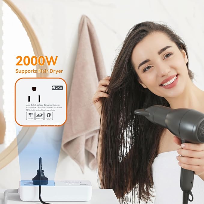 BESTEK 220V to 110V Voltage Converter US to Europe, 2000W Universal Travel Adapter with 2 USB C Ports & 1USB-A Port, International Travel Adapter for Hair Straightener