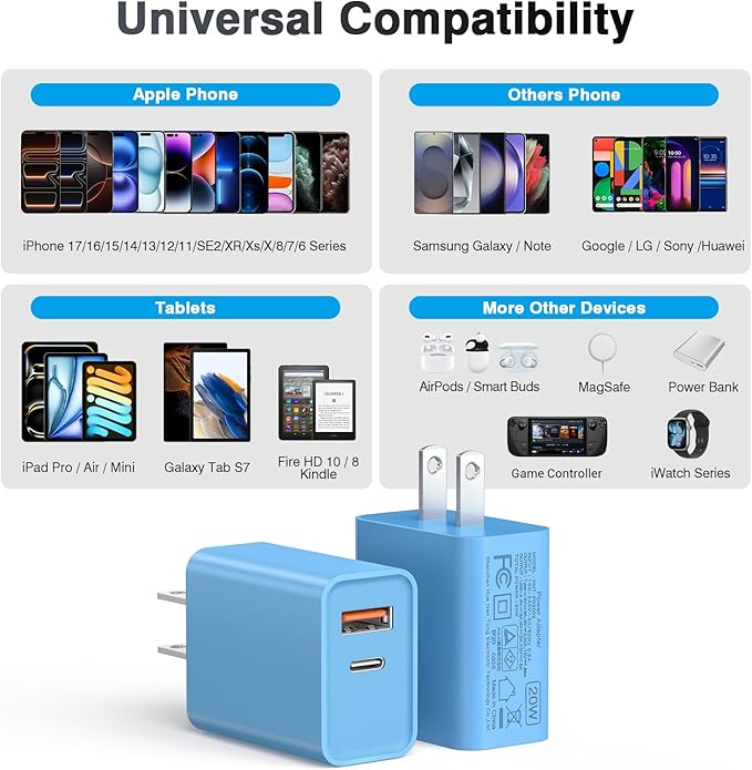 [20W/2Pack] Fast Charger Block, USB C Wall Charger, Charger Cube, Dual Port PD Fast Charging Block Brick Compatible for Watch Series 10 iPhone 16 17 Pro Max Airpod Brick Plug Power Adapter, Blue