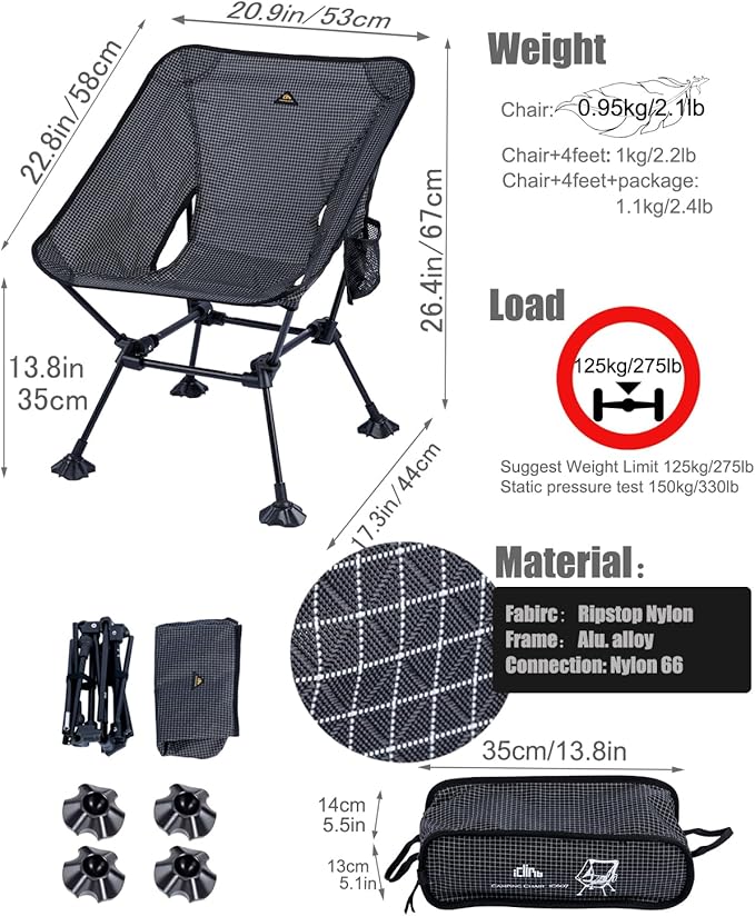 iClimb Ultralight Compact Camping Folding Beach Chair with Anti-Sinking Large Feet and Back Support Webbing (Black Grid- Square Frame)
