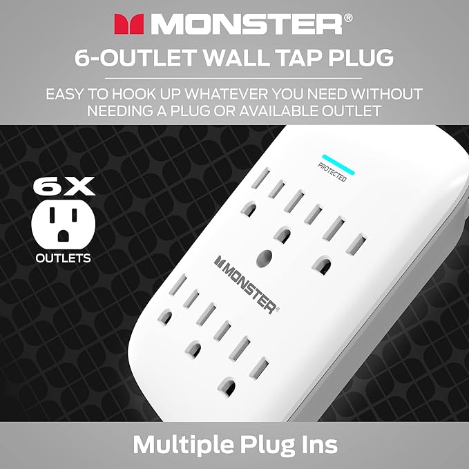 Monster 5000W Surge Protector Power Strip, 6 Outlets, 120V, 300 Joules Surge Protection, Safe, Reliable Outlet Extender, White