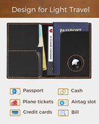 Passport Holder for Travel, Genuine Leather Passport Wallet Cover Case with Airtag Slot, RFID Blocking, for Women Men, Travel Essentials Gift, Black