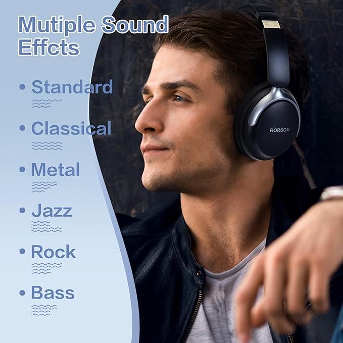 B8 Bluetooth Headphones Over Ear, 6 EQ Music Modes and 50H Playtime Deep Bass Wireless Headphones with Mic, Lightweight Folding HiFi Stereo Headset for iPad/Travel/Tablet/PC/Home Space Black