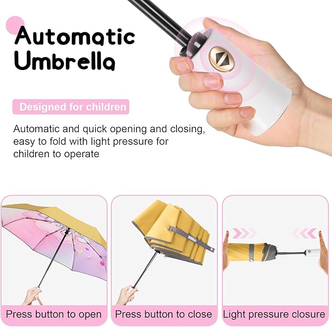Kids Umbrella for Boys Girls, Yellow Cute Cartoon Automatic Folding Travel Umbrella with Reflective Stripe, Double Canopy Waterproof, 8 Ribs Windproof, Compact Rain Gear