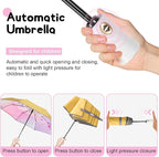 Kids Umbrella for Boys Girls, Yellow Cute Cartoon Automatic Folding Travel Umbrella with Reflective Stripe, Double Canopy Waterproof, 8 Ribs Windproof, Compact Rain Gear