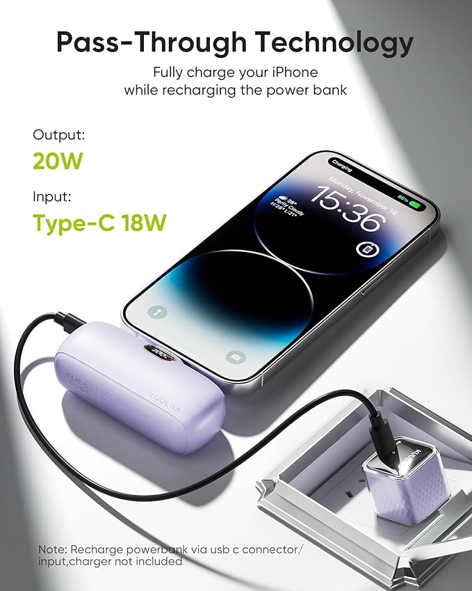 Kuulaa Portable Charger with Built-in Lightning Cable 5000mAh Small iPhone Fast Charging Mini Portable Phone Charger for iPhone 14/13/13 Pro/12/12 Pro/11/XR/XS/X/8/7/6, Purple