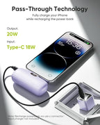 Kuulaa Portable Charger with Built-in Lightning Cable 5000mAh Small iPhone Fast Charging Mini Portable Phone Charger for iPhone 14/13/13 Pro/12/12 Pro/11/XR/XS/X/8/7/6, Purple