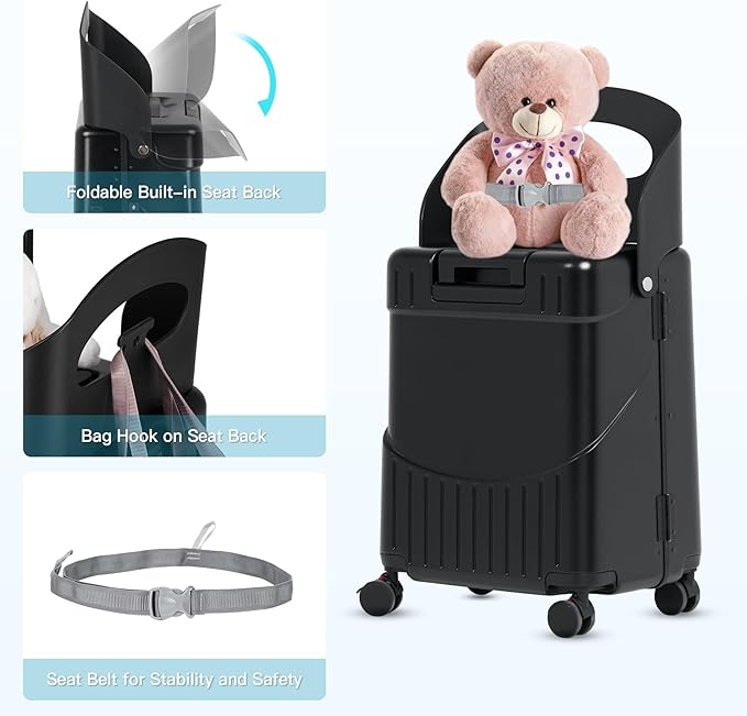 advwin 20" Carry-On Luggage with Seat for Kids & Adults, Lightweight Hardside Ride-On Suitcase with Front Opening, TSA Lock, 360° Spinner Wheels (Black, 20-inch)