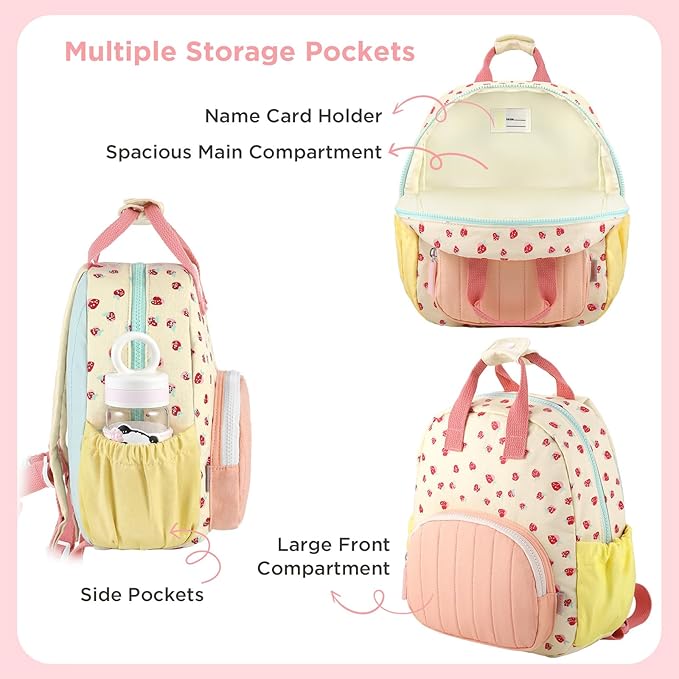 GAGAKU Toddler Backpack for Girls 2-4 Strawberry Cute Preschool Kindergarten Backpack with Name Tag Soft Cotton Small Bookbag for Daycare Lightweight Adjustable Straps with Chest Buckle