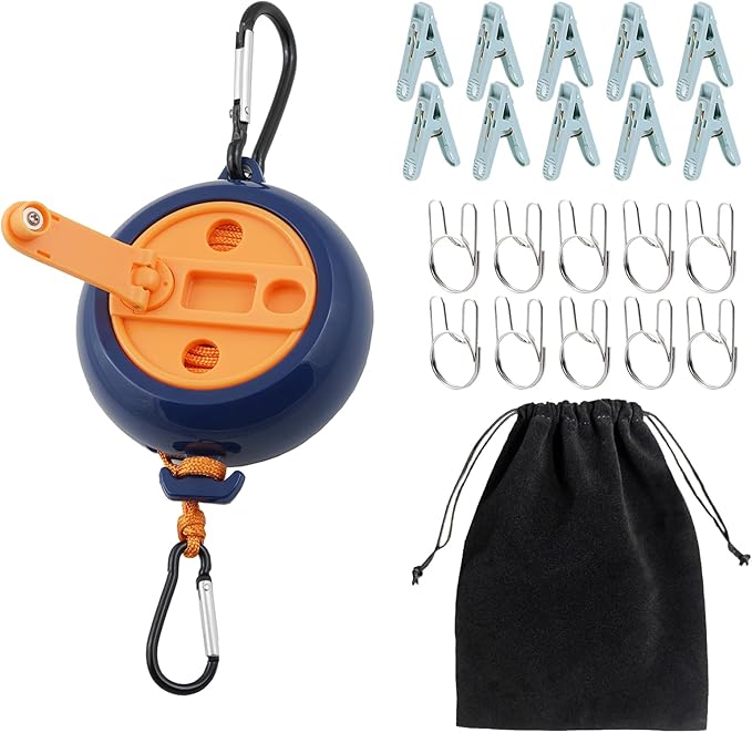 32Ft Portable Travel Clothesline is Also an Outdoor Camping Clothesline, Cruising Clothesline for Drying Clothes on Cruise Ships with 10 Windproof Clips, 10 Clothespins, 1 Storage Bag (Blue)