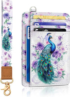 Yonlevres Peacock Credit Card Holder Slim Wallet, RFID Wallet Women Front Pocket Wristlet Lanyard, Small Card Holder Travel Funny Cute Thin ID Window PU Leather Case Organizer Gifts Girls