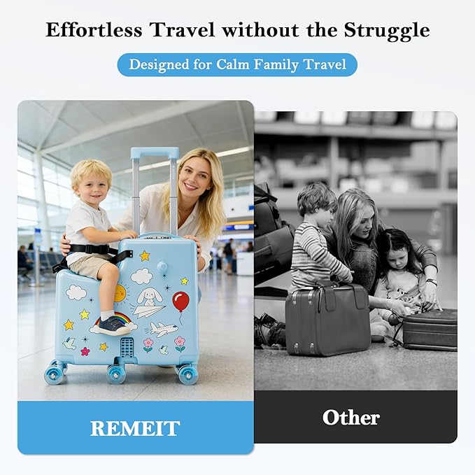 Ride on Suitcase for Kids, Hard Shell Kids Luggage with Belt, Foldable Pedal & Front Grab Handles, Hidden Cup Holder, TSA Lock, 6 Spinner Wheels, Kids Carry on Suitcase for Travel, Blue