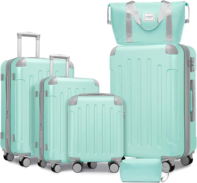 6 Piece Luggage Sets with Bags, Lightweight Expandable Checked Luggage Sets, Hardshell ABS Spinner Wheels Carry on Suitcase with TSA Lock, for Travel, Women Men (Mint Green, 18/20/24/28inch+2bags)