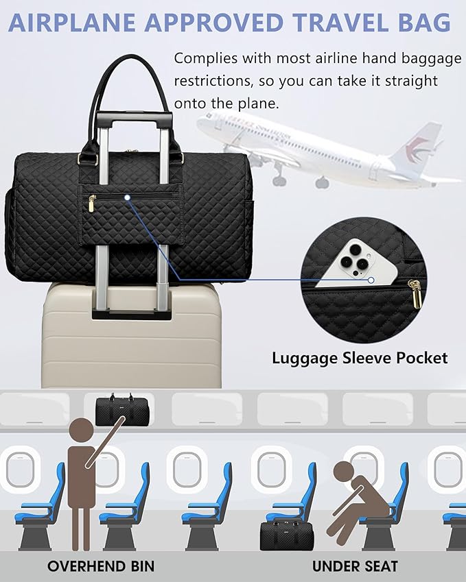 Women Weekender Travel Duffle Bag: Travel Duffel Overnight Bags with Shoe Compartment Large Carry on Tote with 2 Toiletry Bags Weekend Traveling Yoga Gym Hospital Bag for Womens with Wet Pocket Black