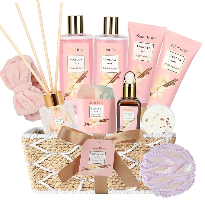 Mothers Day Gifts for Women Spa Gift Basket Vanilla Oat 16 Pcs Bath Scents for Women,Bath Gift Set Enriched essential oil, Home Spa with Shower Gel, Body Oil, Diffuser, Shower Steamer spa kit Mom