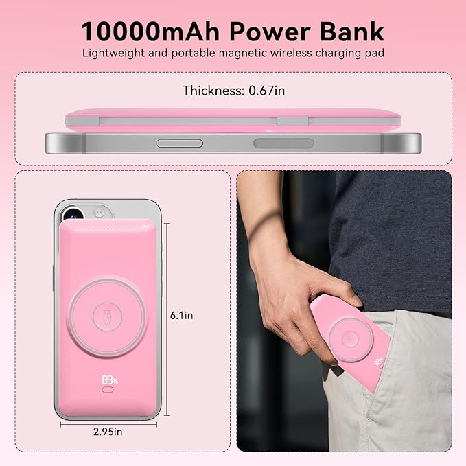 Magnetic 10000mAh Portable Charger for iWatch & iPhone, PD Fast Charging Wireless Power Bank Built-in Cables and Wall Plug, External Travel Battery Pack Compatible with iOS Android Phones