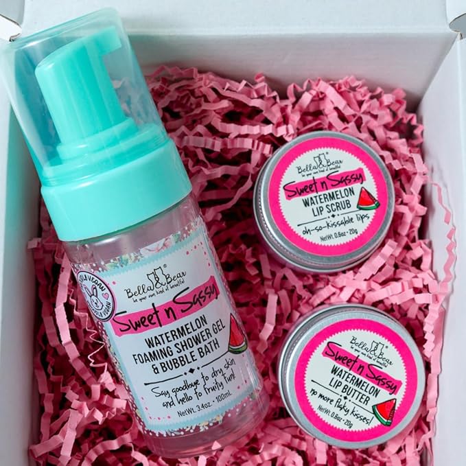 Bella & Bear Sweet 'n' Sassy Mini Spa Gift Set for Women & Teen Girls – Bath & Body Travel Gift Set with Shower Gel, Body Scrub, Lip Scrub & Lip Butter