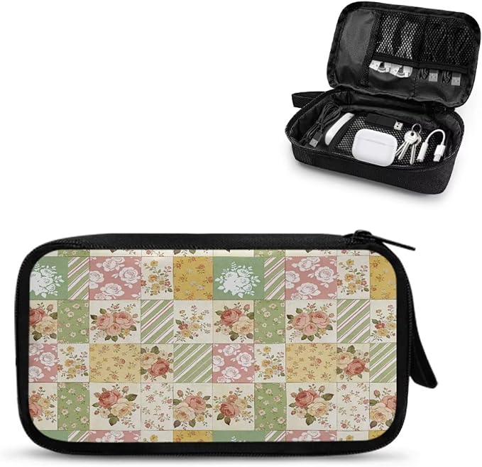 Floral Patchwork Electronic Organizer Portable Cable Organizer Bag Electronics Organizer Travel Case fits Phone Power Bank SD Card Tech Accessory Large Storage Bag