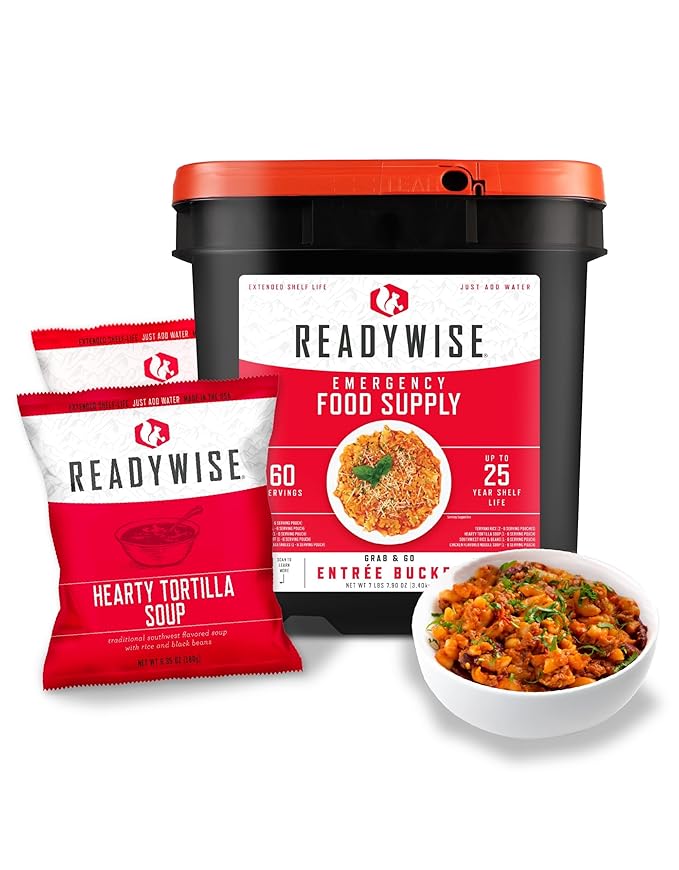 ReadyWise Entrée Bucket - 60 Servings, Emergency Food Supply for Survival Kit, Protein Meals, Freeze Dried Food, Ready to Eat Camping & Road Trip Essentials, up to 25 Year Shelf Stable Life