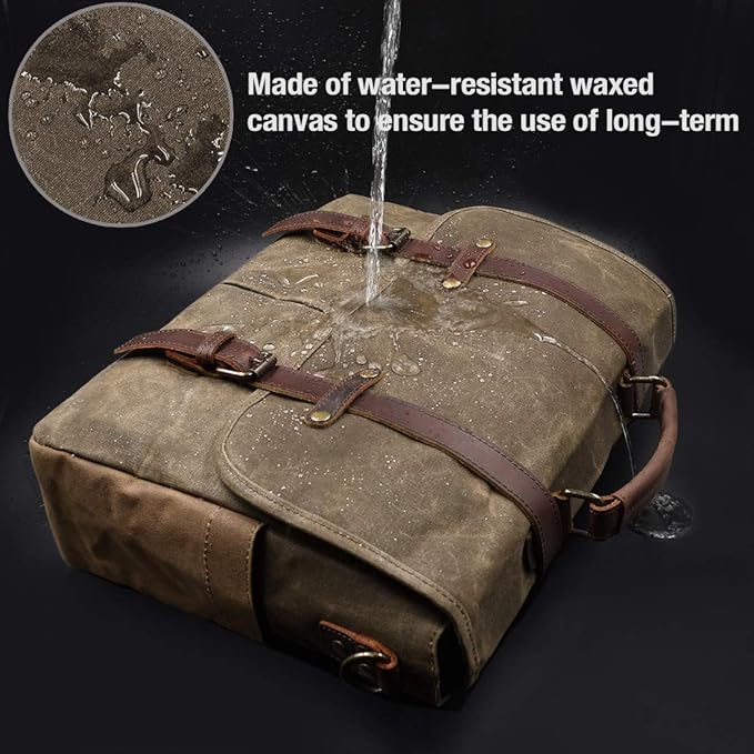 Mens Messenger Bag 15.6 Inch Waterproof Vintage Genuine Leather Waxed Canvas Briefcase Large Satchel Shoulder Bag Rugged Leather Computer Laptop Bag, Khaki