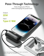 Kuulaa Small Portable Charger iPhone with Built-in Lightning Cable 5000mAh Power Bank Fast Charging for iPhone 14/13/13 Pro/12/12 Pro/11/XR/XS/X/8/7/6 Black