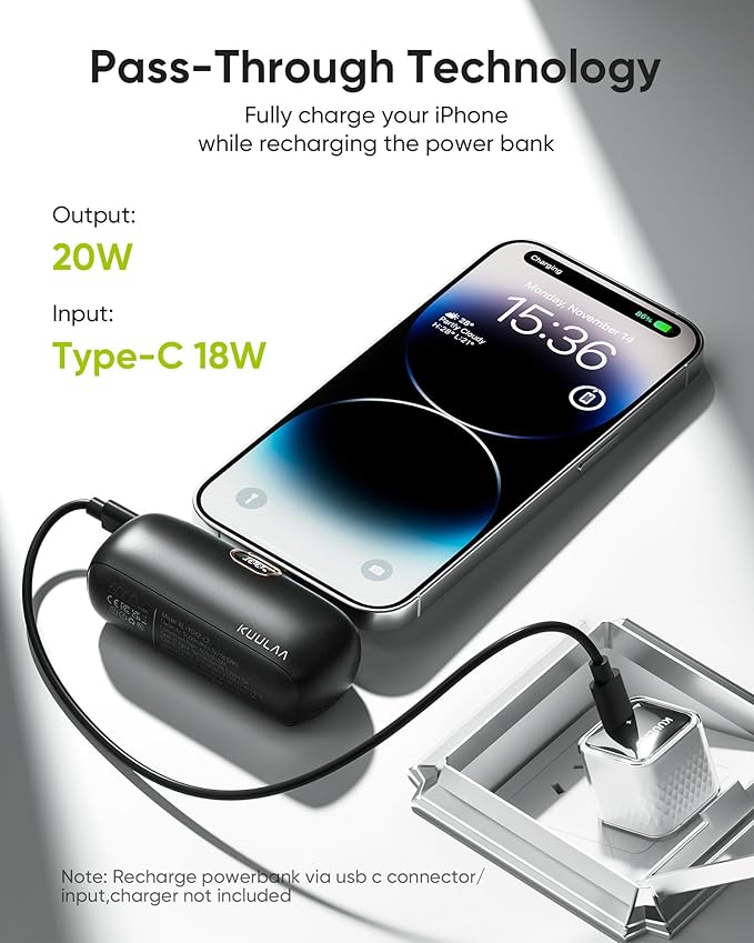 Kuulaa Small Portable Charger iPhone with Built-in Lightning Cable 5000mAh Power Bank Fast Charging for iPhone 14/13/13 Pro/12/12 Pro/11/XR/XS/X/8/7/6 Black