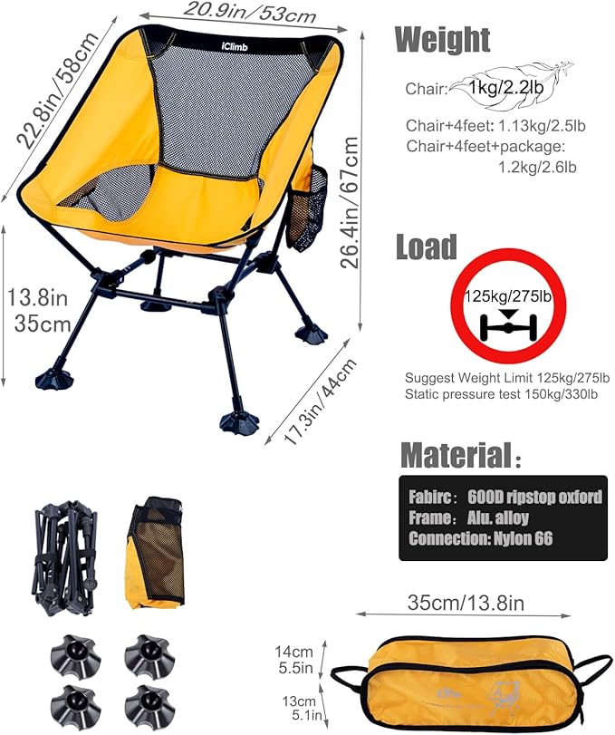 iClimb Ultralight Compact Camping Folding Beach Chair with Anti-Sinking Large Feet and Back Support Webbing (Yellow - Square Frame - 2PC)
