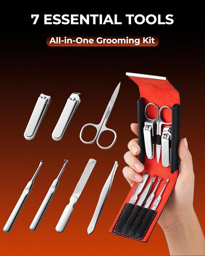 Nail Clipper Set 7 in 1, Precision Manicure Kit with Magnetic Leather Case, Mirror-Polished Stainless Steel Tools for Fingernail & Toenail, Daily Grooming Kit for Men & Women