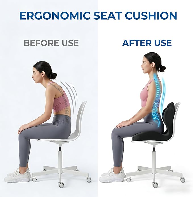 Ergonomic Seat Memory Foam Support Cushion for Back, Car Seat Back Support Cushion for Sciatica Tailbone Pain, Office Desk Chair Car Travel Seat Cushion (Black)