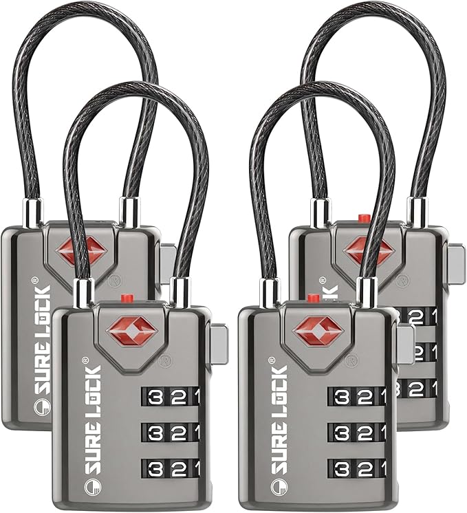 SURE LOCK TSA Approved Combination Luggage Locks with Open Alert Indicator – Durable Zinc Alloy Cable Travel Locks with Large Easy-Read Dials for Suitcases, Backpacks & Gym Bags(Grey 4 Pack)
