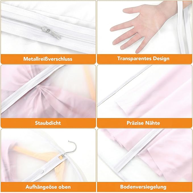 Dntorx 6 Pack Garment Bags 60 * 100cm, 40in PEVA Translucent Garment Covers, Suit Storage Bags, Dress Organizer Bags Used To Protect Shirts, Winter Coats, Jackets（White Edge）