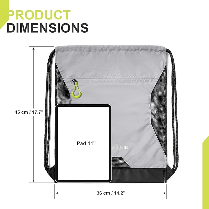 Waterproof Drawstring Backpack for Men/Women, Lightweight Sports Bag for Gym, Beach, Swim, Hiking, Running & Cycling, Anti-Stain with Quick-Access Mesh Pocket, Gray 14.2"×2.8"×17.7"