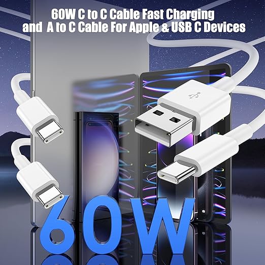 Car Carplay Cable for iPhone 17 16 15, 2-Pack [3.3FT+6FT] 60W USB C to USB C Cable And 2-Pack [3.3FT+6FT] USB A to USB C Cable for iPhone 17 16 15，for Galaxy S25 S24, for iPad, for MacBook and More