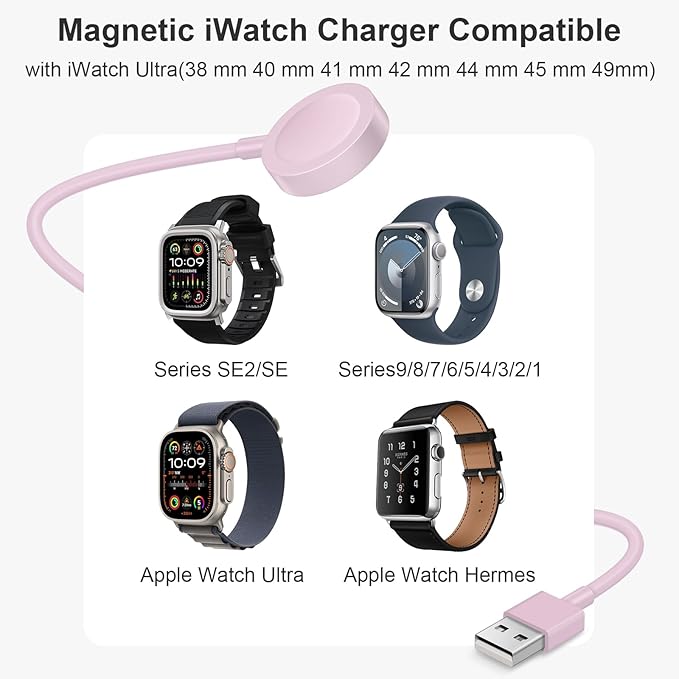 Fast Charger for Apple Watch Charger, Magnetic iWatch Charger to USB A Cable 3.3FT with USB A Wall Plug Adapter for Apple iWatch Series Ultra/10/9/8/7/6/SE/5/4/3/2 (Pink)