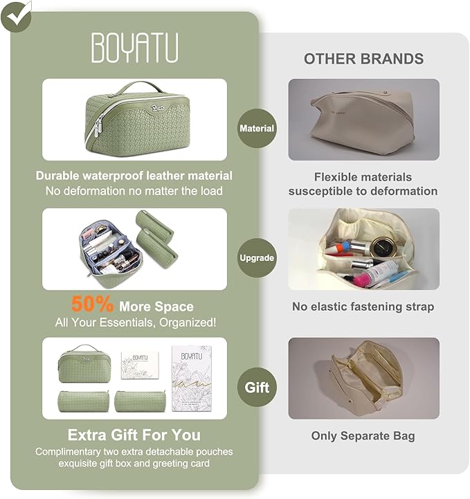 BOYATU Travel Makeup Bag Cosmetic Bags for Women: Large Capacity 3 Pcs Set Make up Bag with Compartments - Waterproof Vegan Leather Toiletry Organizer Bags with Handle (L51Grass Green)