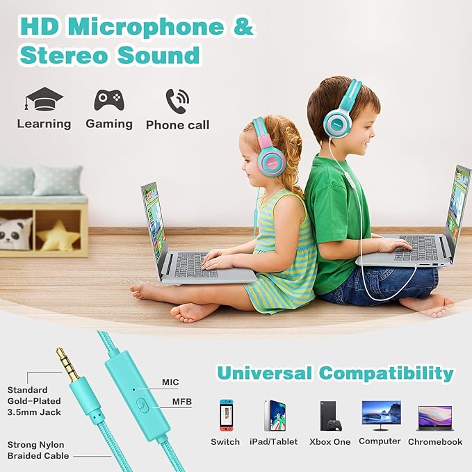 SIMOLIO Kids Headphone with Mic, 75dB,85dB,94dB Volume Limit Share Port, Child Headsets for Tablet/iPad/Kindle/Laptop, Sturdy Toddler Wired Headphones with Portable Bag for Girls, Boys (Mint & Pink)