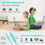 SIMOLIO Kids Headphone with Mic, 75dB,85dB,94dB Volume Limit Share Port, Child Headsets for Tablet/iPad/Kindle/Laptop, Sturdy Toddler Wired Headphones with Portable Bag for Girls, Boys (Mint & Pink)